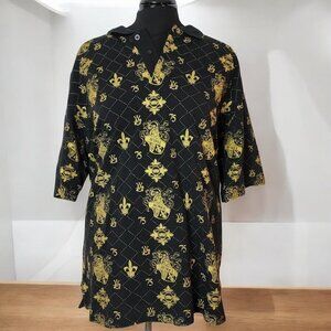 Vintage Avirex Black and Metallic Gold Baroque Polo Fleur-de-Lis - Size XL